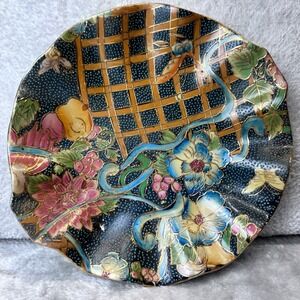 Decorative Cloisonne Style Plate Floral Butterfly Gold Gilt Blue Asian Decor